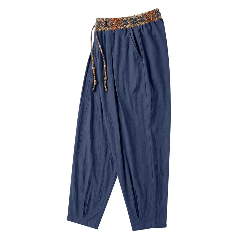 Herren 95% Leinen Haremshose Boho Blumenmuster Kordelzug Taille Lässige Weite Hose Strand Urlaub Knöchellange Hose – Detail 16