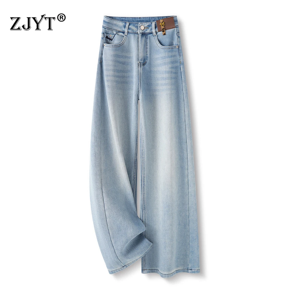 

ZJYT Winter Thicken Wide Leg Jeans for Women Fashion Street Style Denim Pants Blue Woman Clothes Trousers Female Bottoms Vintage
