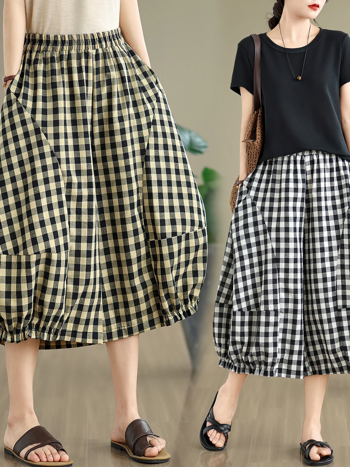 2025年夏 レディース チェック柄 カジュアルパンツ ハイウエスト 綿麻 ランタンパンツ スリム効果 花柄パンツ トレンド 美尻パンツ