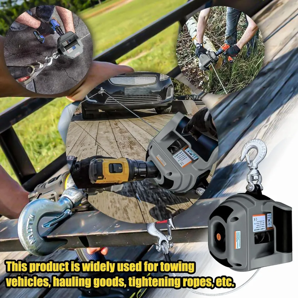 Abu-abu Baru, Winch Bor Portabel Kapasitas Tarik 1000 LB dengan Tali Kawat Baja Paduan 40 Kaki, Winch Tangan untuk Menyeret, Diskon Besar