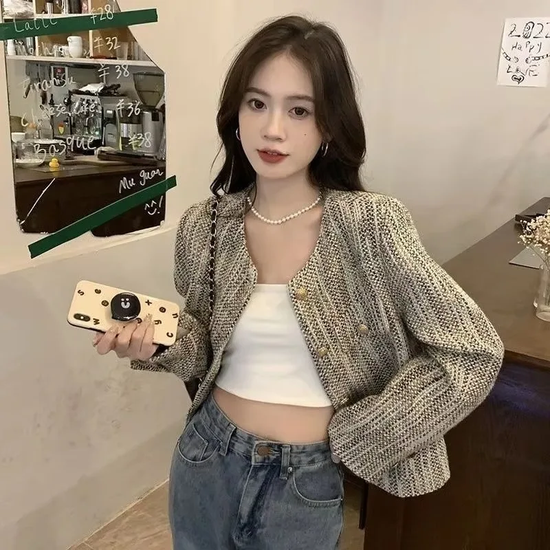 Veste courte parfumée pour femme, manteau décontracté, chemisier slim, cardigan à col rond, tempérament, printemps, automne, nouveau, 2024