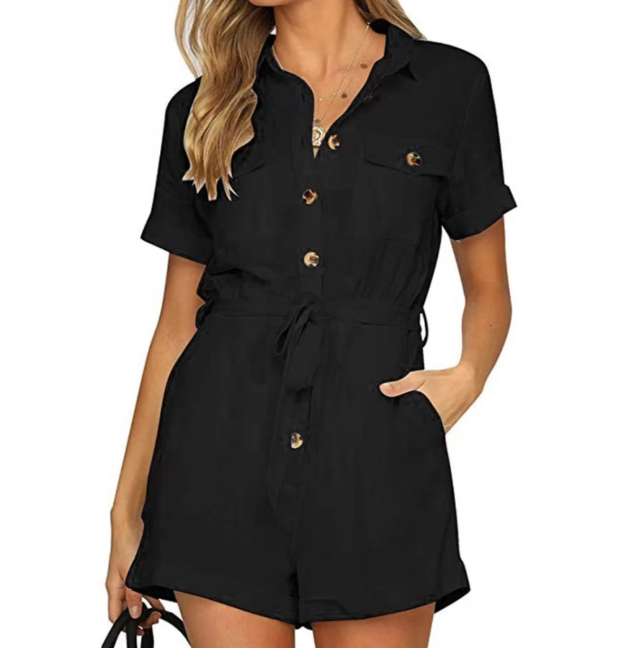 Women\'s Playsuit 2024 Summer Fashion Zipper Design Turn-Down Collar Short Sleeve Tie Details High Waist Pocket Romper Street