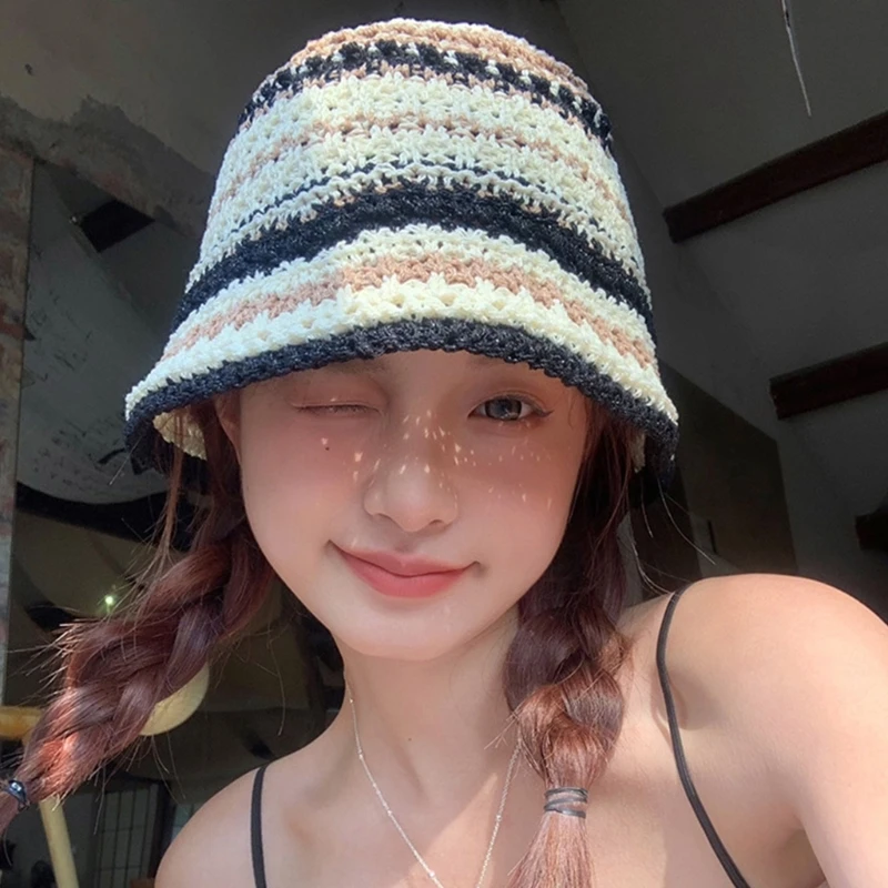 Crochet Bucket Hat for Woman Teenagers Outdoor Foldable Commute Fisherman Hat Wide Brim Spring Summer Anti-Uv Hat