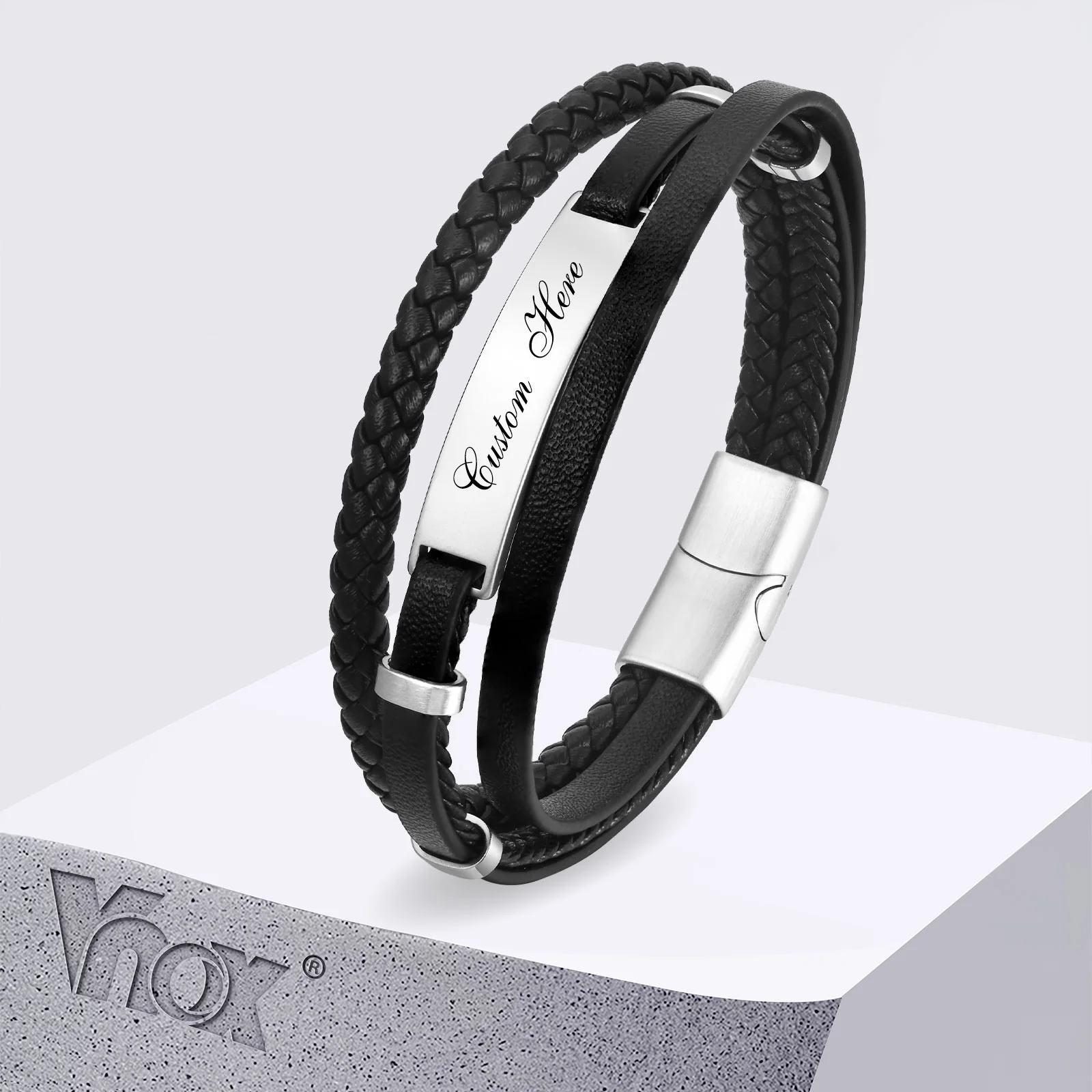 

Vnox Free Personalized Black Real Leather Mens Bracelet, Stacked Braided Genuine Leather Bangle with Stainless Steel Bangle