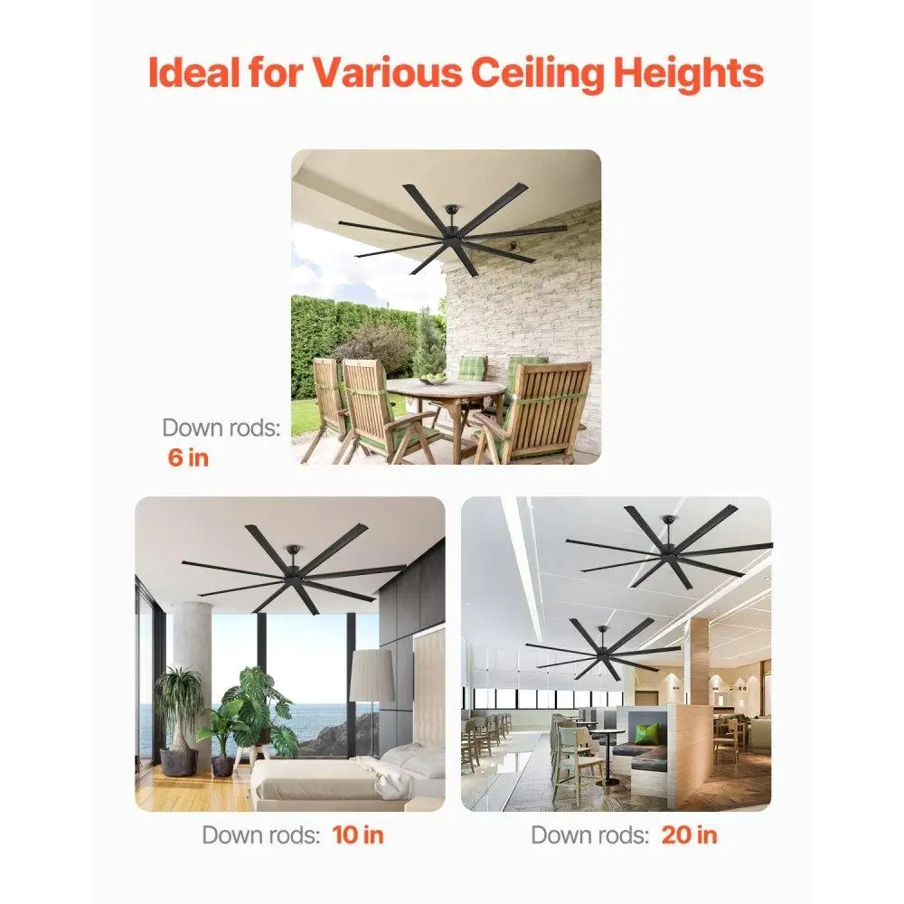 96 في مروحة سقف بدون ضوء، 6 أجهزة تحكم عن بعد، ألومنيوم 8 شفرات، محرك تيار مستمر قابل للعكس، حامل دافق حديث منخفض المستوى