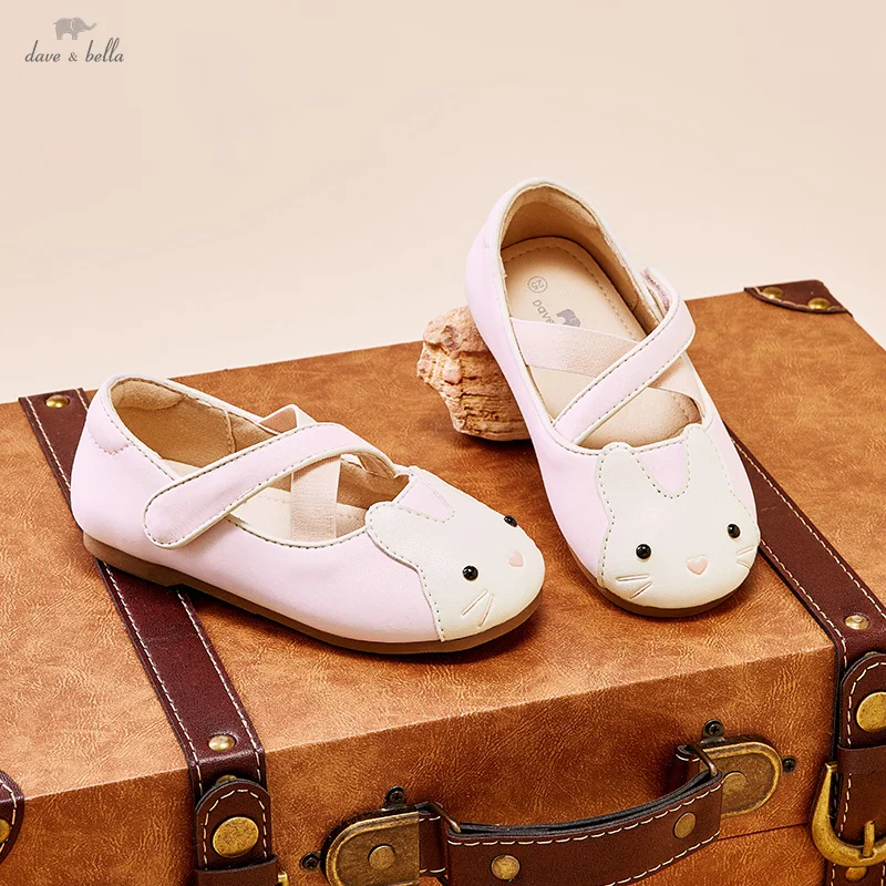 Dave Bella 2025 Spring New Children Leather Shoes for Girls TPR Sole Anti-slippery Sweet Little Rabbit Flats DB1250027