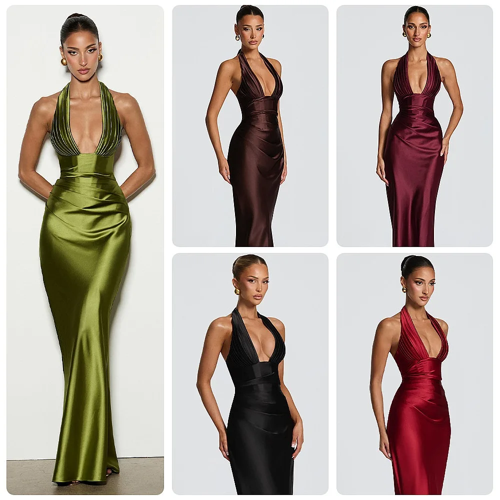Halter Deep V Long Dress Ruched Tie Shoulderless Bodycon Evening Gown Dresses Jumpsuit Playsuit