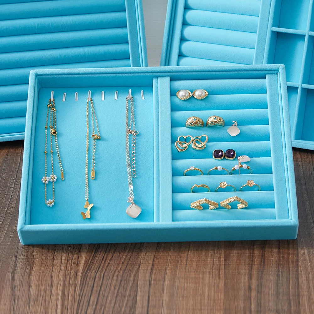 

Blue velvet jewelry storage box tray drawer style internal jewelry partition board earrings necklace