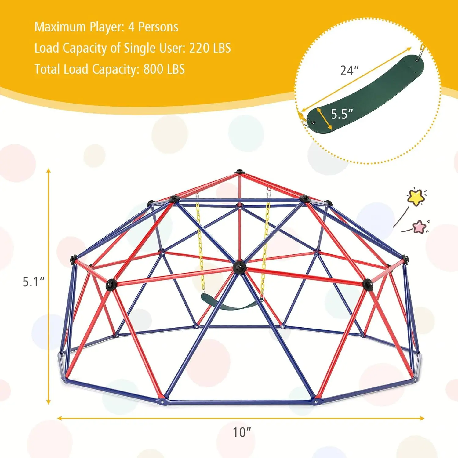 โดมปีนเขาพร้อมสวิง, 10FT Kids Jungle Gym Monkey Bar ของเล่นปีนเขาสําหรับกลางแจ้ง, รับน้ําหนักได้ถึง 800 ปอนด์, โดมเรขาคณิตในร่ม