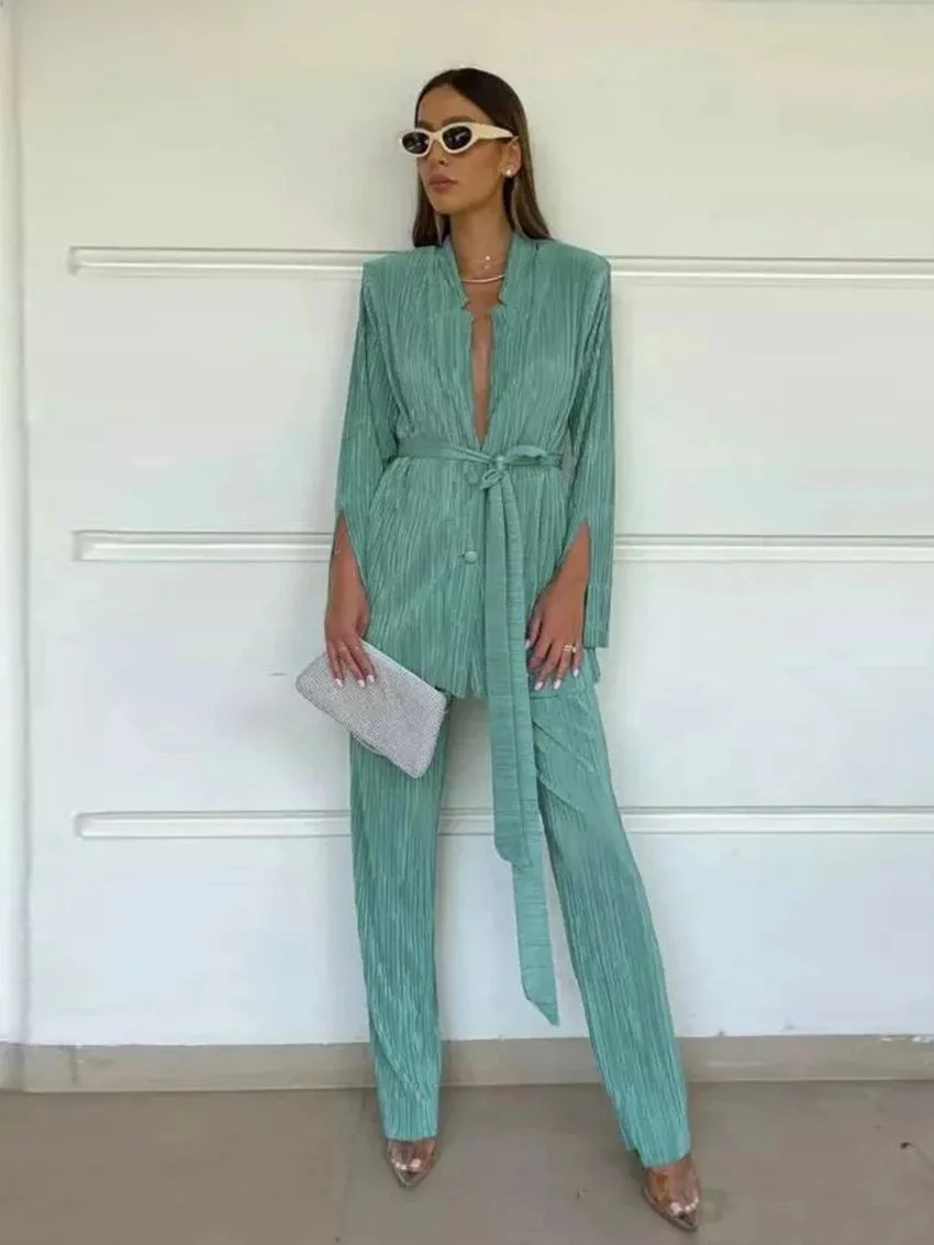 Clacive الخريف مطوي فستان أطفال مع سروال داخلي Bodycon شق بنطلون المرأة Faion Ele Busin عادية دعوى فرقة