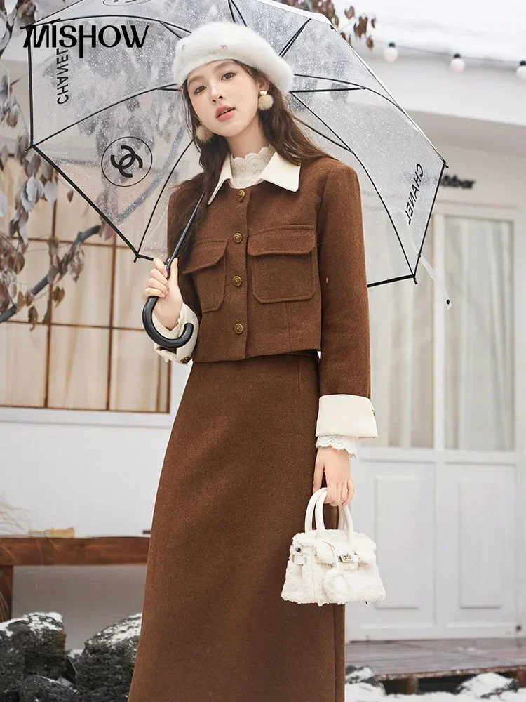 MISHOW Blazer and Skirt Set for Women 2023 Autumn Winter Wool Blend Two Piece Set Elegant Jacket Slit Back Skirt Suit MXC54T0162