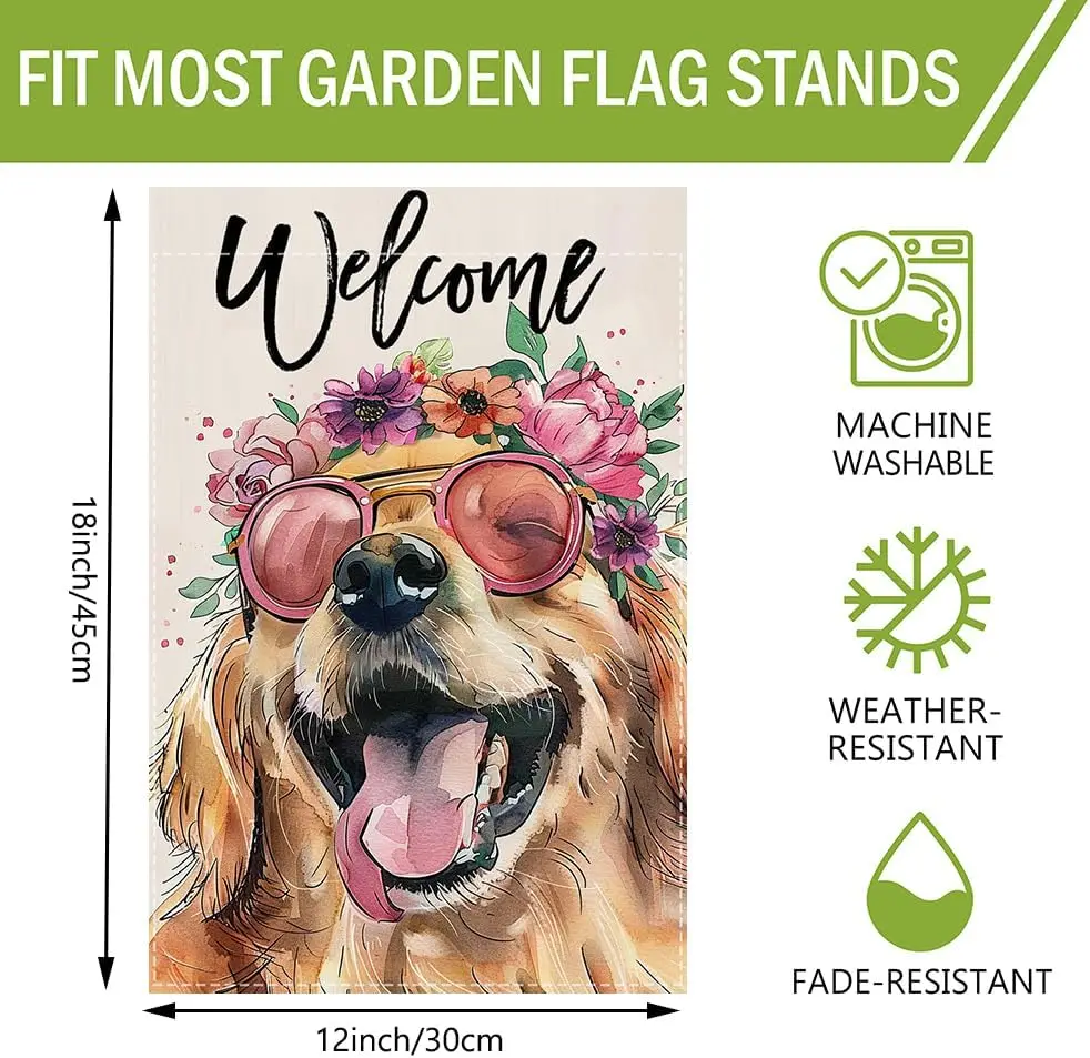 Welcome Garden Flag golden retriever dog Spring And Summer Garden Flags Yard Porch House Flag 12x18inch Seasonal Home Decor, Out