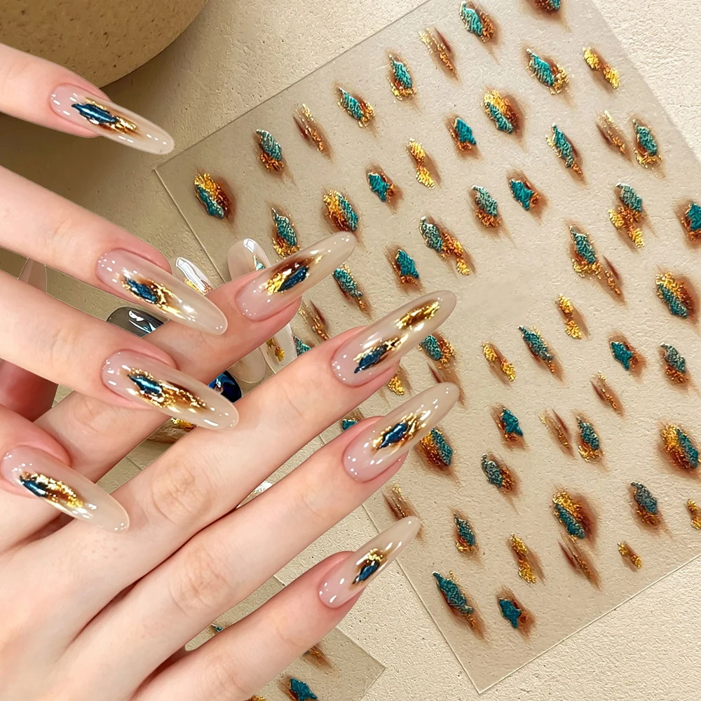 1Pcs Retro Gold Foil Amber Green Nail Sticker 5D Gradient Smudge Watercolor Effect Autumn Winter Nail Decals DIY Manicure Decora