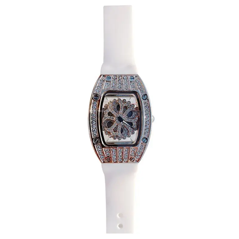 Barrel-Shaped Women's Watch Fashion Diamond-Studded Starry Sky Hollow Rotating Silicone Strap Waterproof Wristwatch