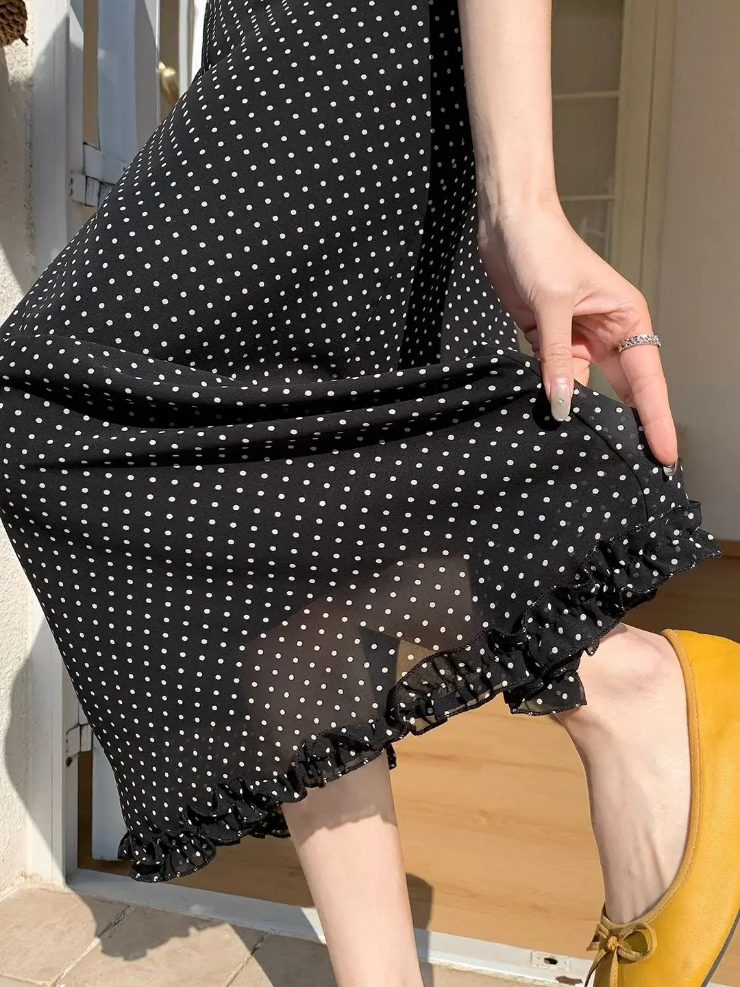 

Юбка миди в горошек для миниатюрных женщин, лето 2026, винтажная, с оборками, из прозрачного шифона, с разрезом сзади, прямой крой, фасон «русалка»
