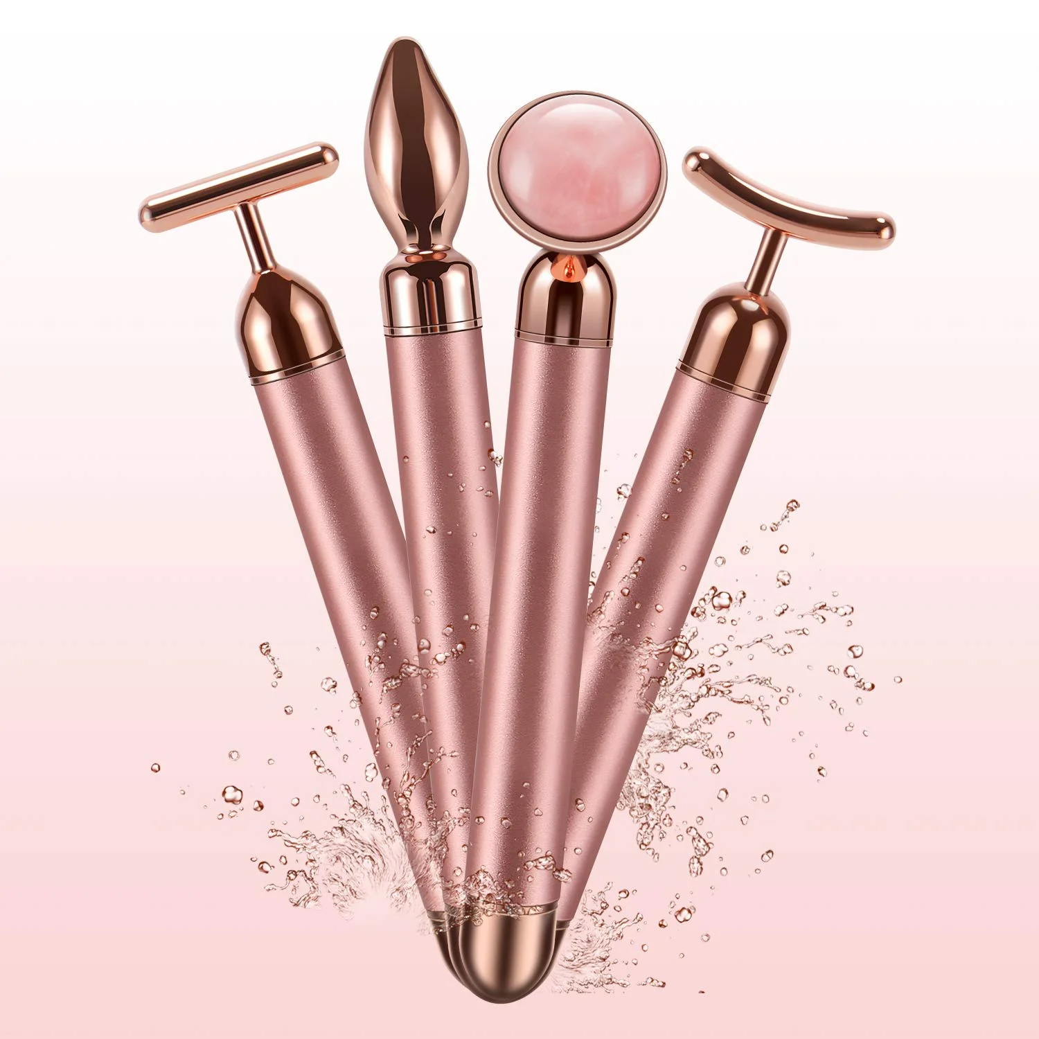 Masajeador de ojos y cara con rodillo de jade de cuarzo rosa 4 en 1 - Herramienta de belleza de elevación vibratoria en forma de T/V