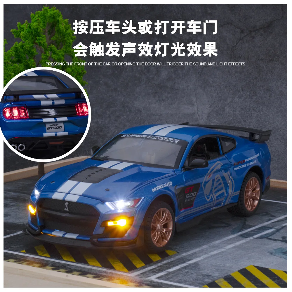 

1:24 Mustang GT500 Diecast Model Car Alloy Metal Pull Back Car with Sound Light Steering Doors Open Children Toy Collection Gift