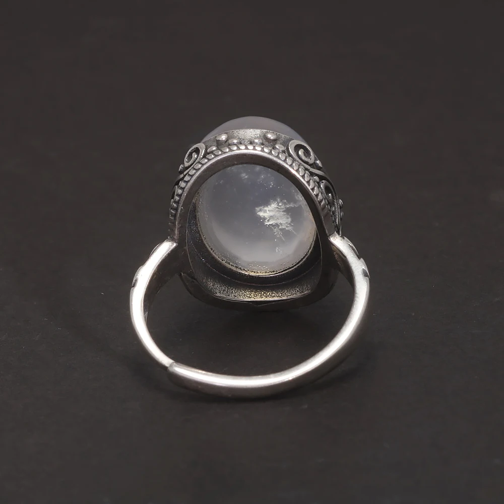 Stamped 925 Sterling Silver Moonstone Ring for Women 12*16mm Oval-Shaped Natural Gemstone Carved Flower Adjustable Vintage Ring