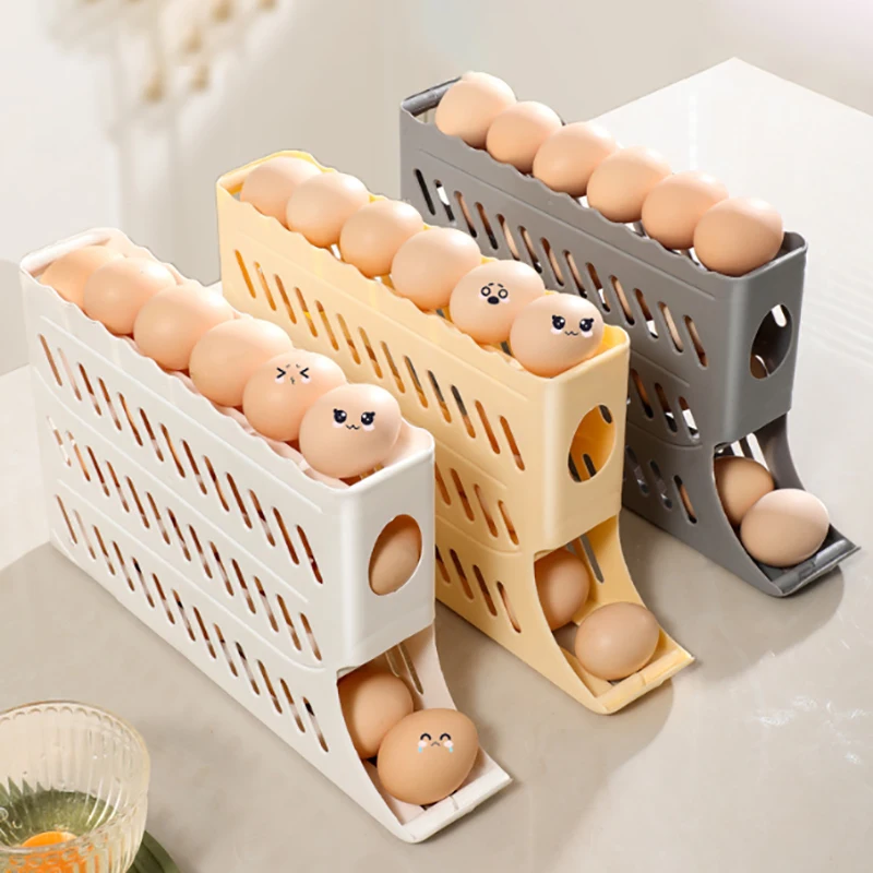 Automatic Scrolling Egg Rack Holder Storage Box Egg Basket Container Organizer Rolldown Refrigerator Egg Dispenser For Kitchen