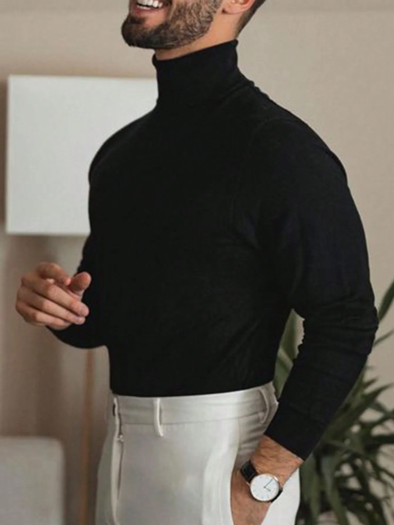 

Men's Black Solid Long Sleeve Turtleneck Sweater, Minimalist Casual Fit for Fall Winter