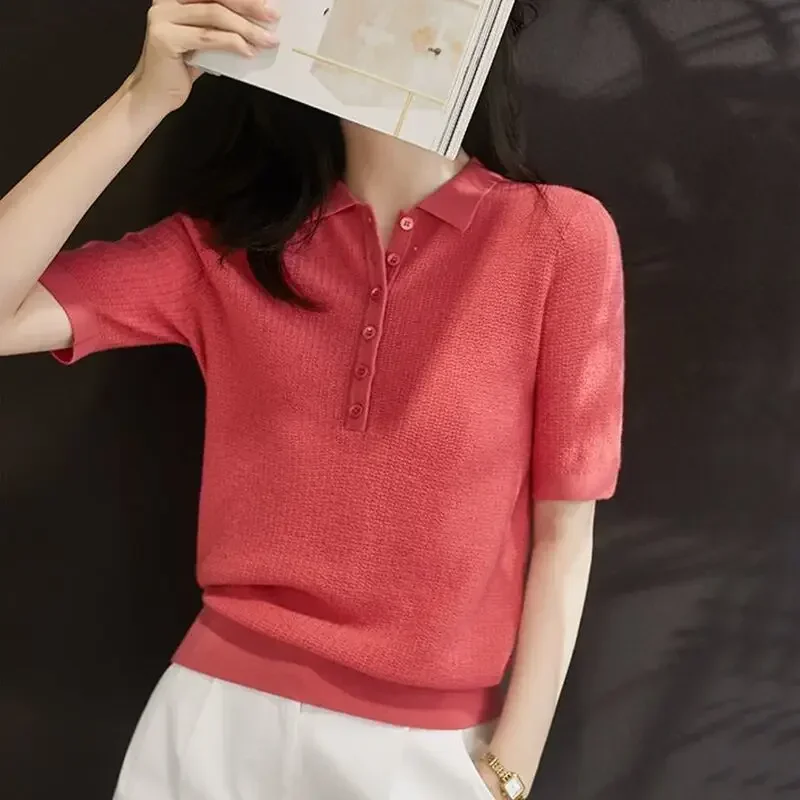 

T-shirts Pink Button Plain Knitted Women's Polo Clothing Trend 2024 in Cheap Female Tee Tops with Collar Korean Popular Clothes