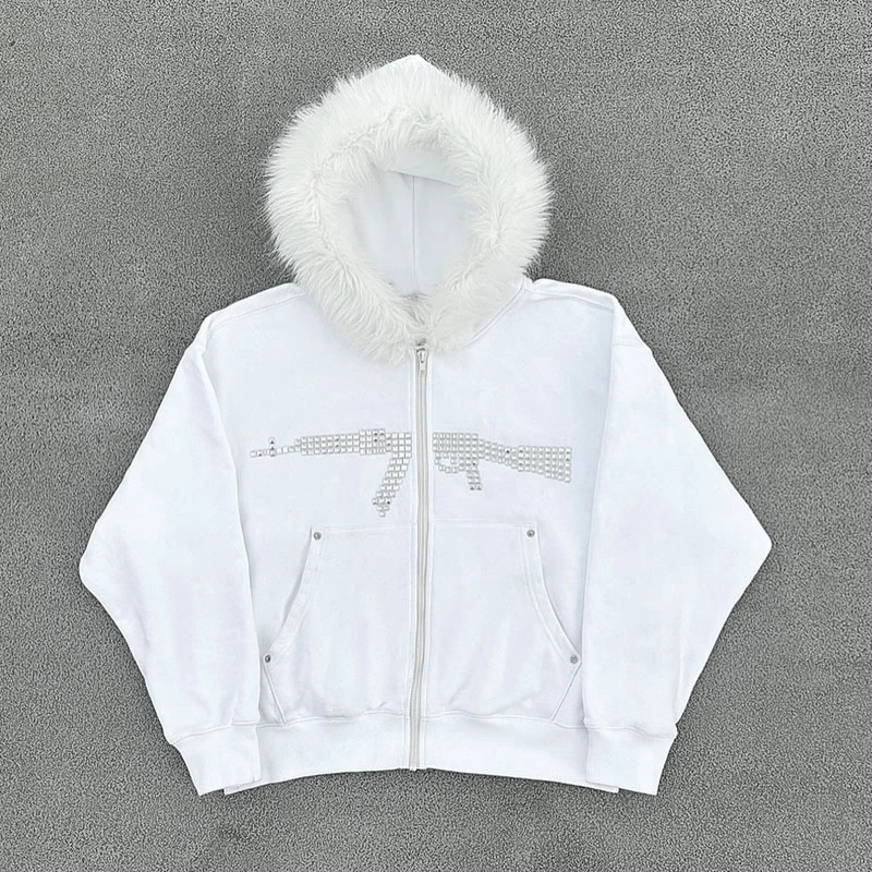 Winter Fashion Streetwear Women's White Faux Fur Hooded Jacket With Sequin Gun Print Trendy Y2K Edgy Zip-Up Sweatshirt 2025 New