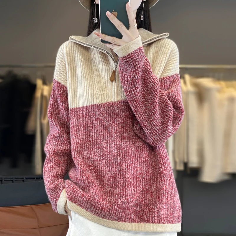 Autumn And Winter New 100% Pure Wool High Lapel Women's Half Zip Matching Color Pullover Loose Slimming Long-Sleeved Sweater