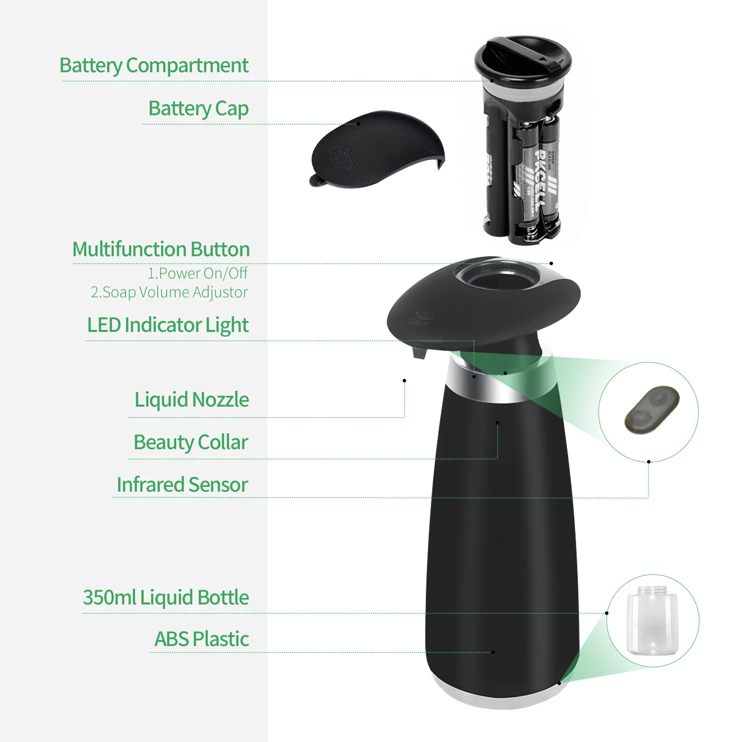 Automatic Soap Dispenser Touchless, 350ml Battery Operated  with Adjustable Soap Volume Infrared Sensor for Home  Kitchen