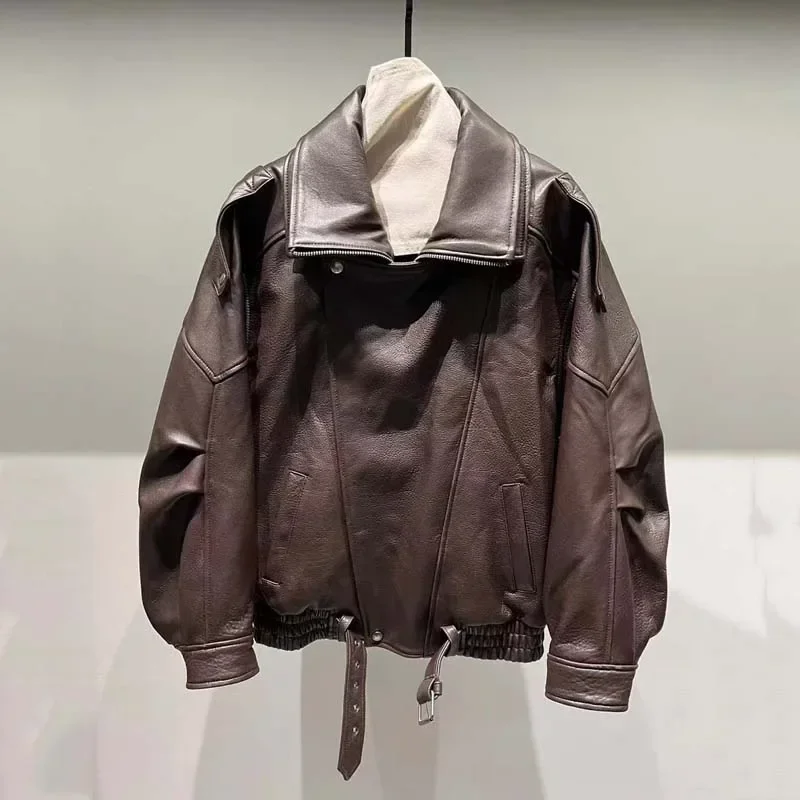 سترة نسائية فضفاضة من الجلد الطبيعي موديل 2025 بأكمام طويلة معطف كاجوال فاخر لربيع الخريف للسيدات