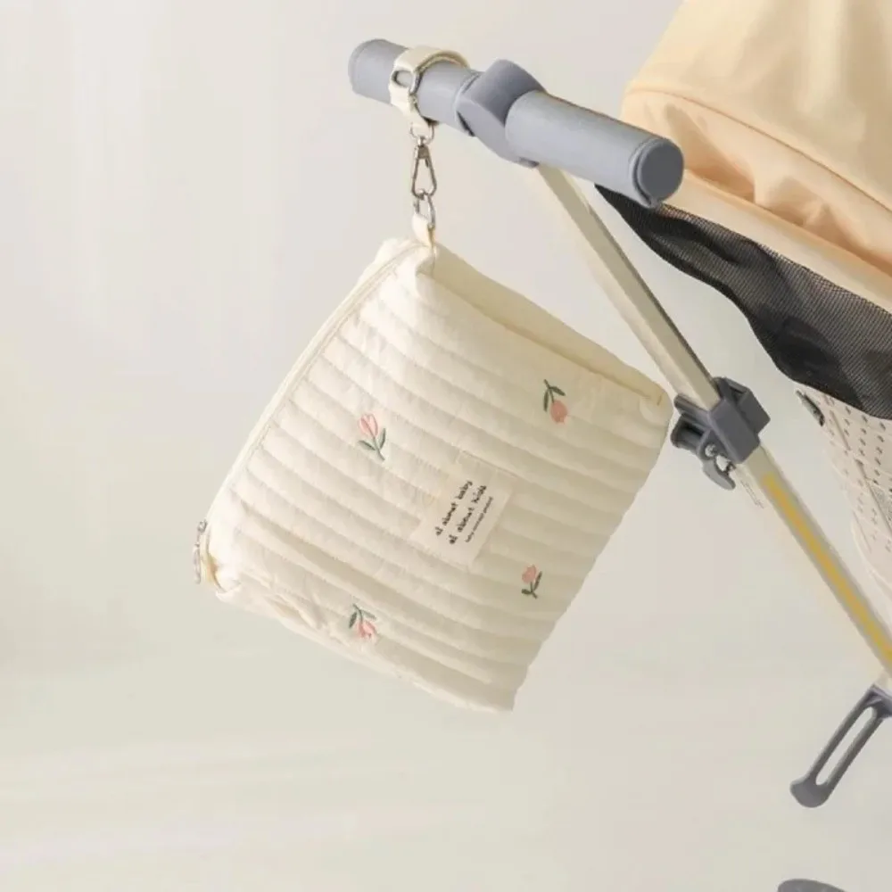 かわいいジッパー付きコットンおむつバッグ、刺繍入りキュートなプリント、ベビーおむつオーガナイザー、ママバッグ、新生児用