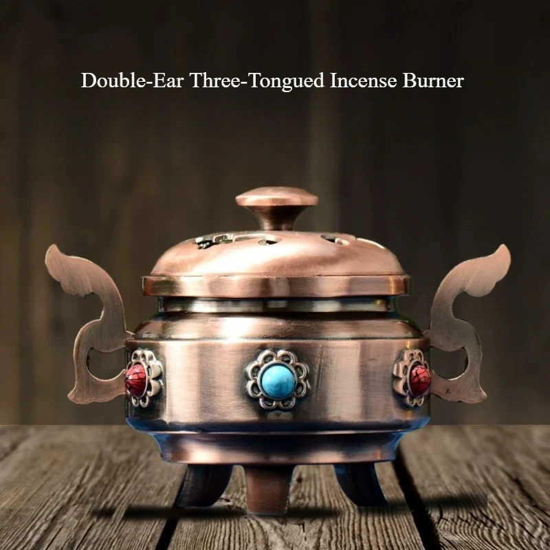 200g Alloy Double Ear Three Legged Incense Burner Household/temple Worship Study Rooms Meditation Design Recessed Carved Cover