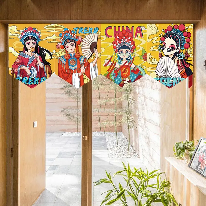 VIKAMA Chinese Opera Girl Triangular Curtain Yellow Background National Tide Fan Trend CHINA Cartoon Kitchen Window Valance Soft