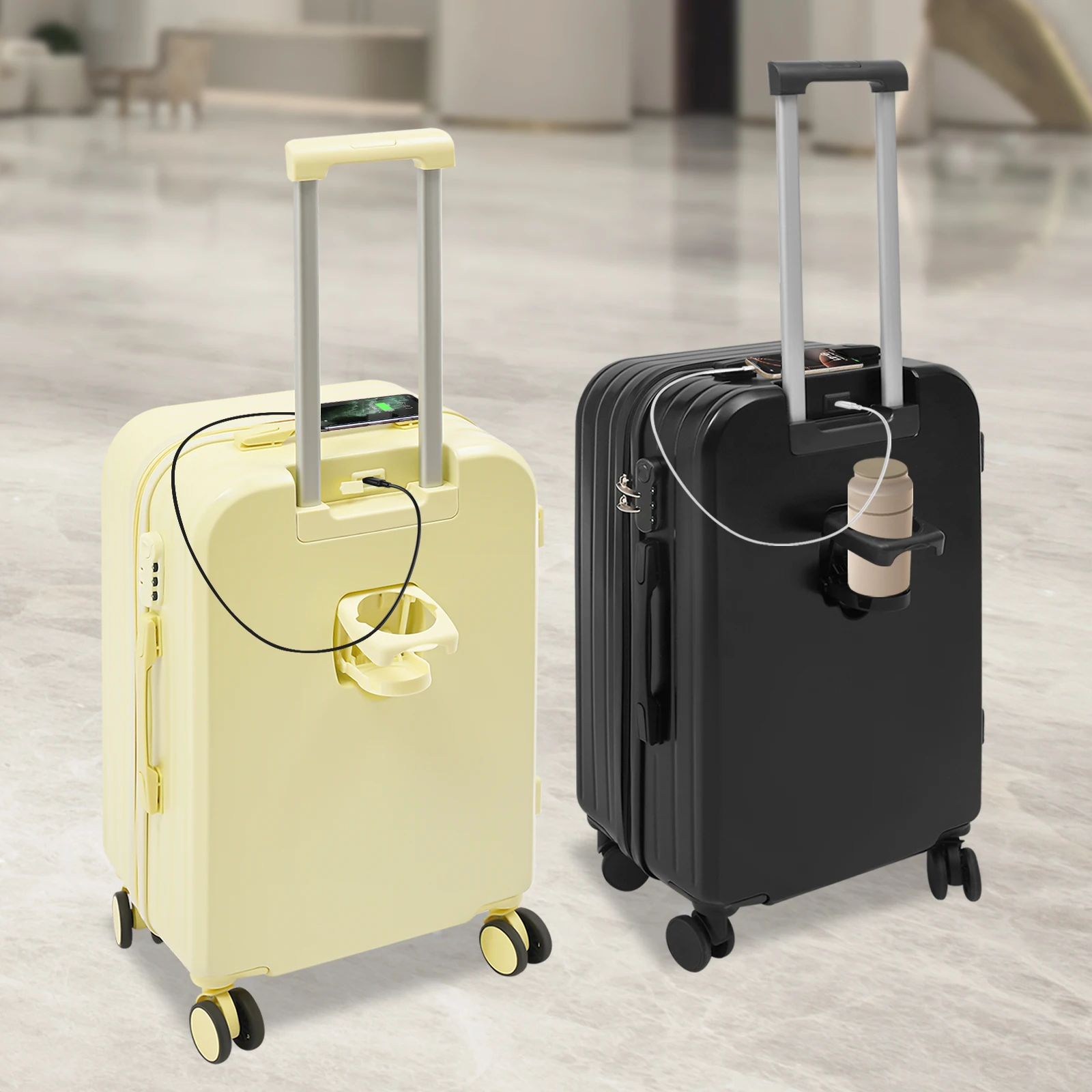 Bagasi Check-In 24" dengan Tempat Cangkir & Port USB, Koper Ringan, 360 °   Roda Pemintal untuk Perjalanan