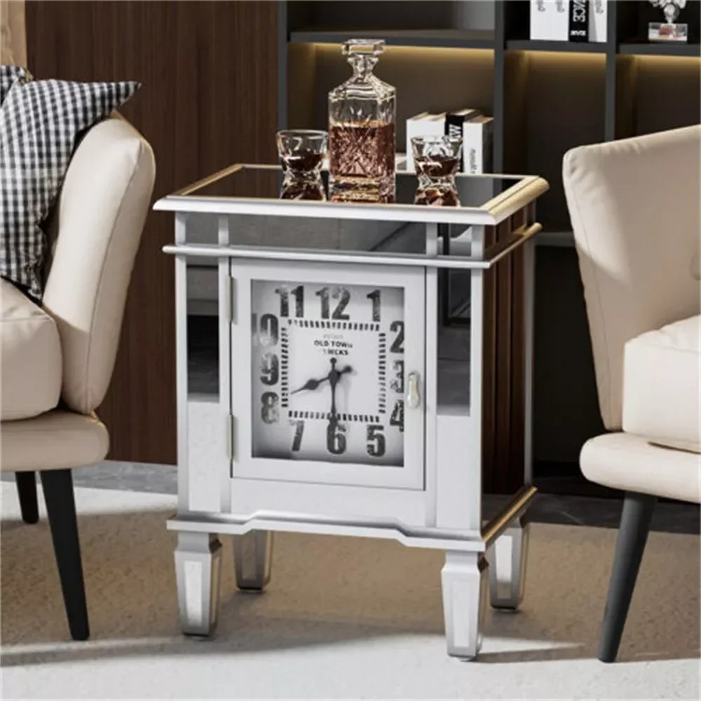 Sofa Side Accent Table LUVODI  Modern Mirrored End Table with Clock Display n 1 Door Cabinet  for Bedroom,Living Room,Study