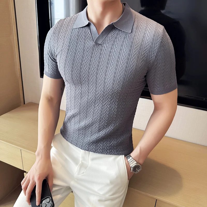 

Summer Ice Silk Polo Shirts Men Slim Jacquard Knitted Lapel T-shirt Versatile Casual Business T-shirts Social Polo Shirt 2025