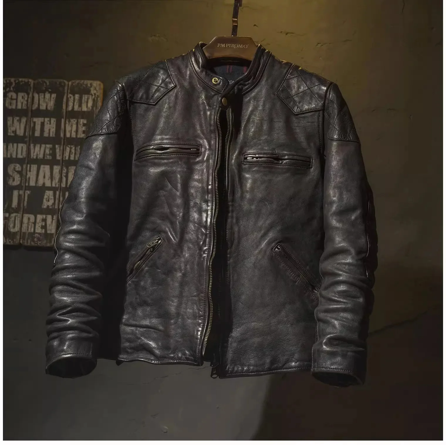 YR!Wholesales.luxury washed batik horsehide jacket,vintage Brown Motor biker leather clothes,cool slim genuine coat,