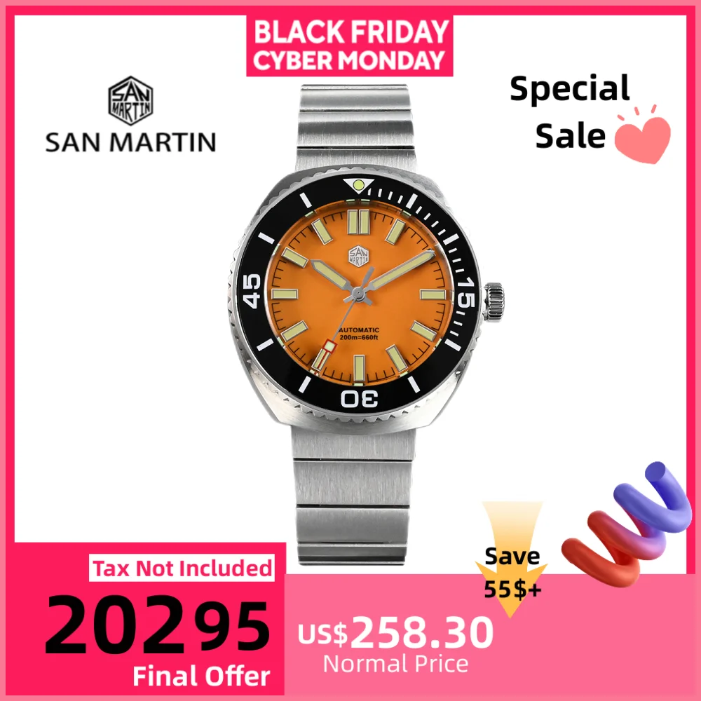 

San Martin 40.5mm Enamel Orange Dial Men Diving Watch NH35 Automatic C3 Green Lume 20ATM Sapphire Glass SN0045-1