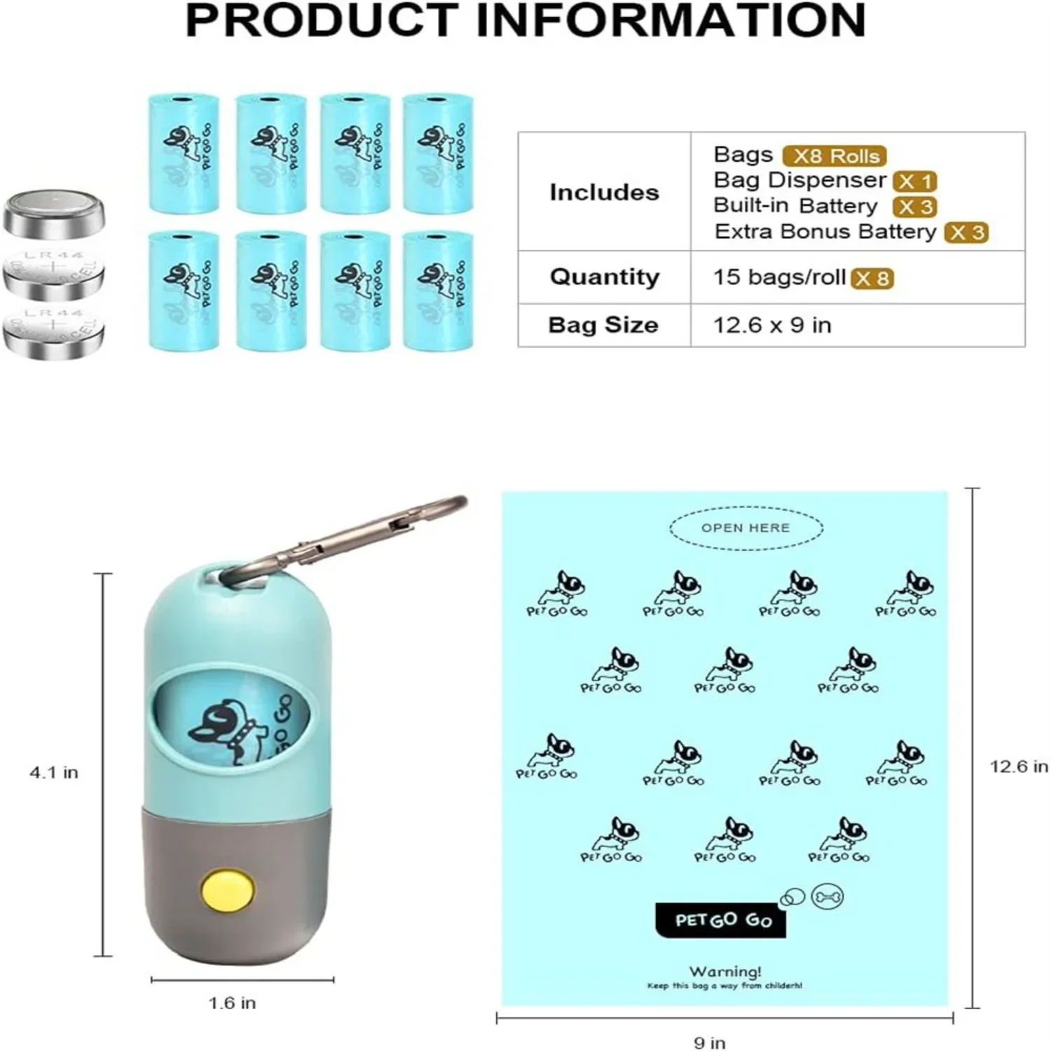 Suporte para saco de cocô de cachorro, 8 rolos com lanterna led embutida, dispensador de saco de cocô de cachorro com mosquetão para trela, saco de resíduos de animais de estimação dis