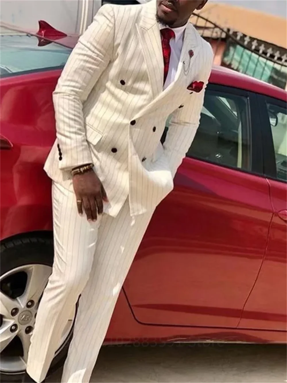 2 Pieces Cream Lvory Men Suits Slim Fit Tuxedos Classic Double Breasted Stripe Business Suit For Wedding Grooms(Jacket+Pants)