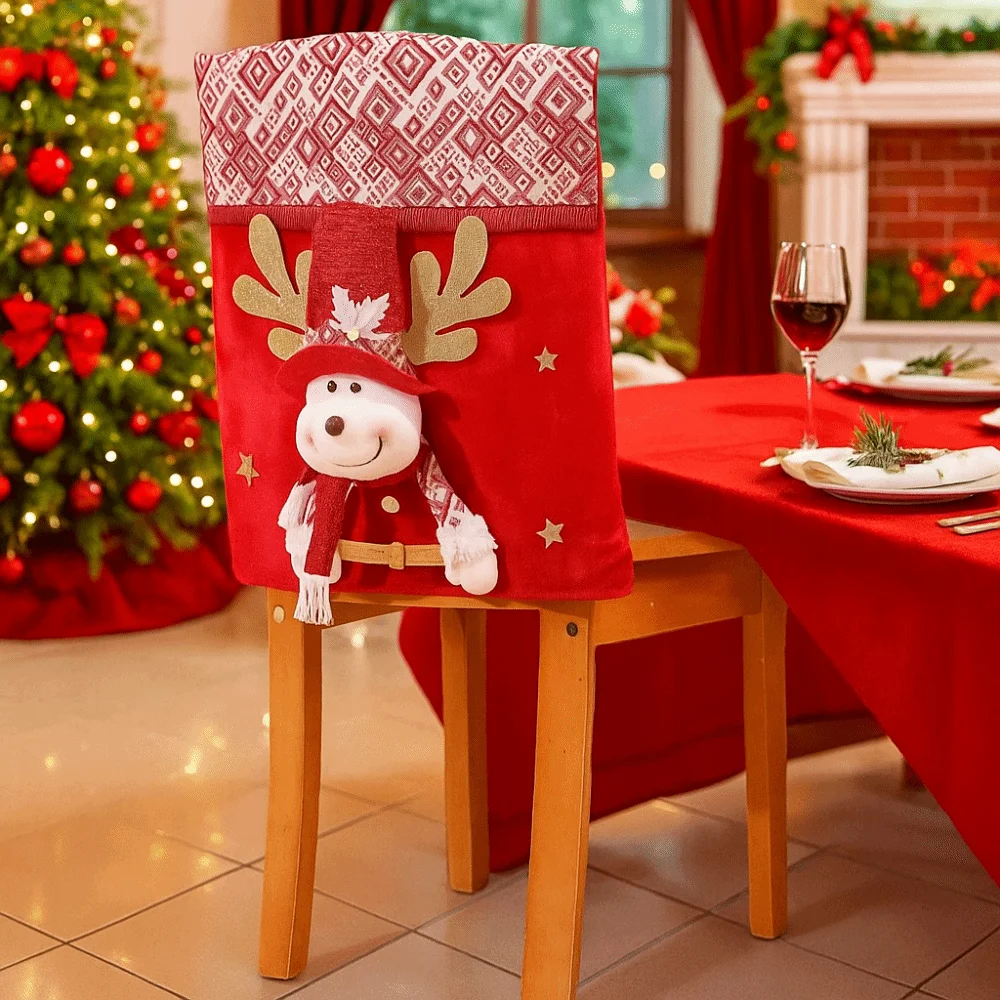 Penutup Kursi Natal Kartun Lucu Penutup Kursi Makan Malam Natal Dapat Dilepas Lembut Pelindung Kursi Manusia Salju Dekoratif Meriah