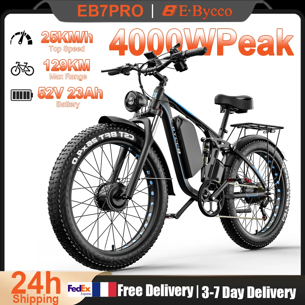 E-BYCCO EB7PRO 3000W/4000W Peak Dual Drive Elektrofahrrad 52V 23Ah Herausnehmbarer Akku 26x4.0 Fat Tire All-Terrain Vollfederung Offroad-Mountainbike für Sand, Schnee, Berg und Straße
