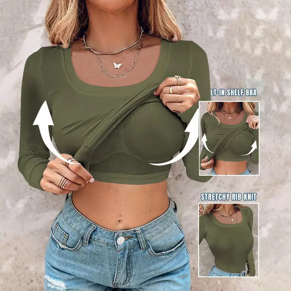 2026 Ribbed Long Sleeve Crop Top Built In Shelf Bra Square Neck Stretchy Slim Fit Basic Casual Workout Daily Wear Knit Tee Shirt