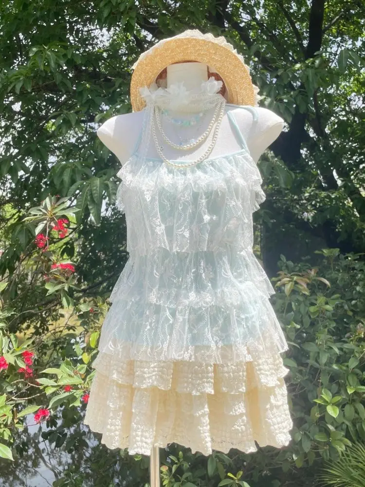 Casual Beach Style 2 Piece Skirt Sets Women 2000s Y2k Crop Top Vest + Cake Mini Skirts Korean Fashion Outfits Vintage Suit Party