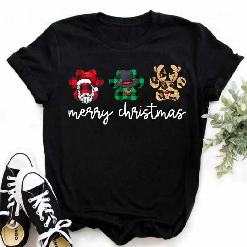 T-shirt grafica con stampa zampa di cane di Natale donna uomo unisex carino Babbo Natale renna elfo stampa casual manica corta estate top magliette
