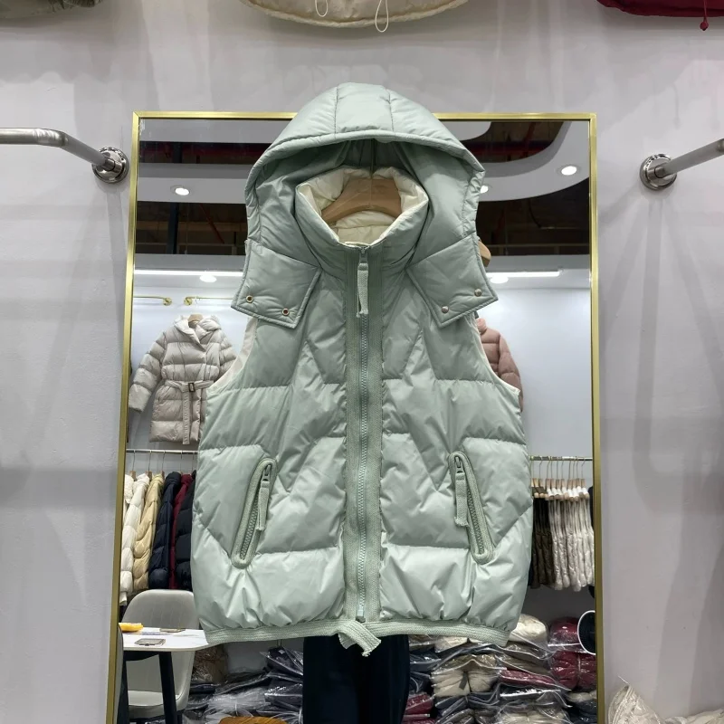 Autumn Winter Women Warm Hooded Down Waistcoat Jacket Light Thin White Duck Down Vest Coat Parkas Female Sleeveless Short Tank