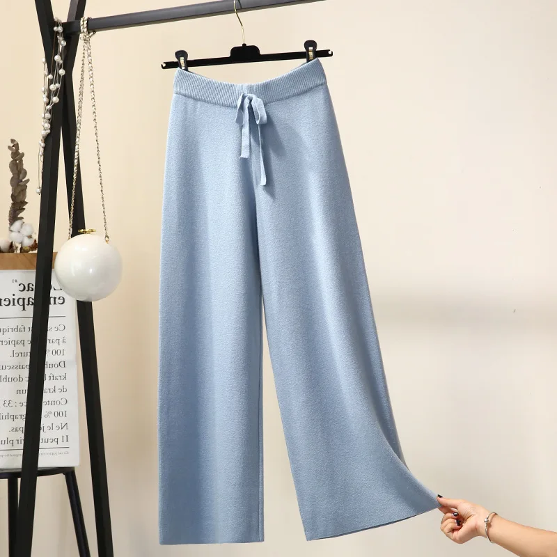 Thickened Knitted Wide Leg Pants Women's Autumn Winter Casual Comfort Straight Thickened Pants Elastic Loose Wide Legs Trousers