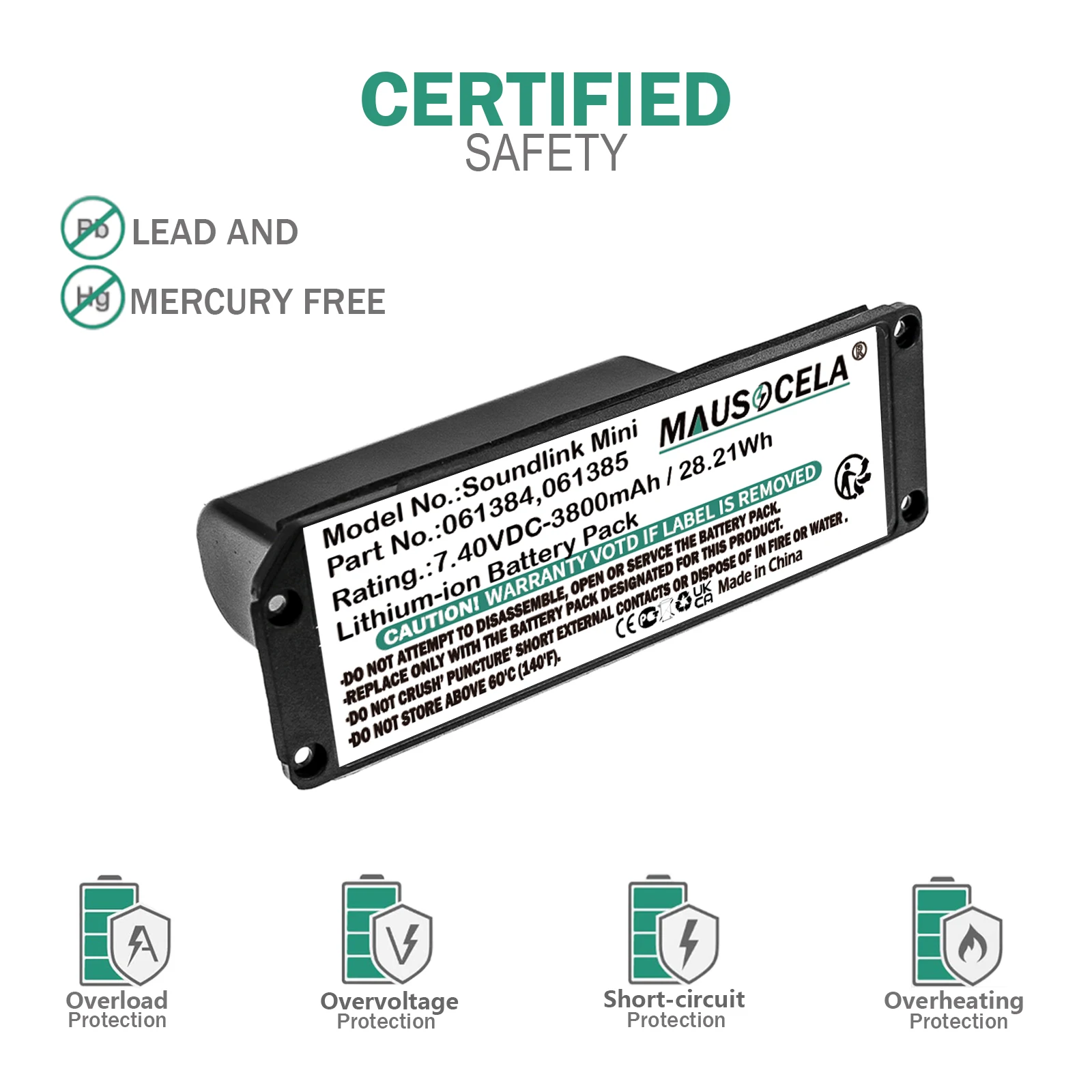3800mAh/28.21Wh Speaker Battery For BOSE:Soundlink Mini,SoundLink Mini one,413295,061384,061385,061386,061834 , Li-ion , 7.40V