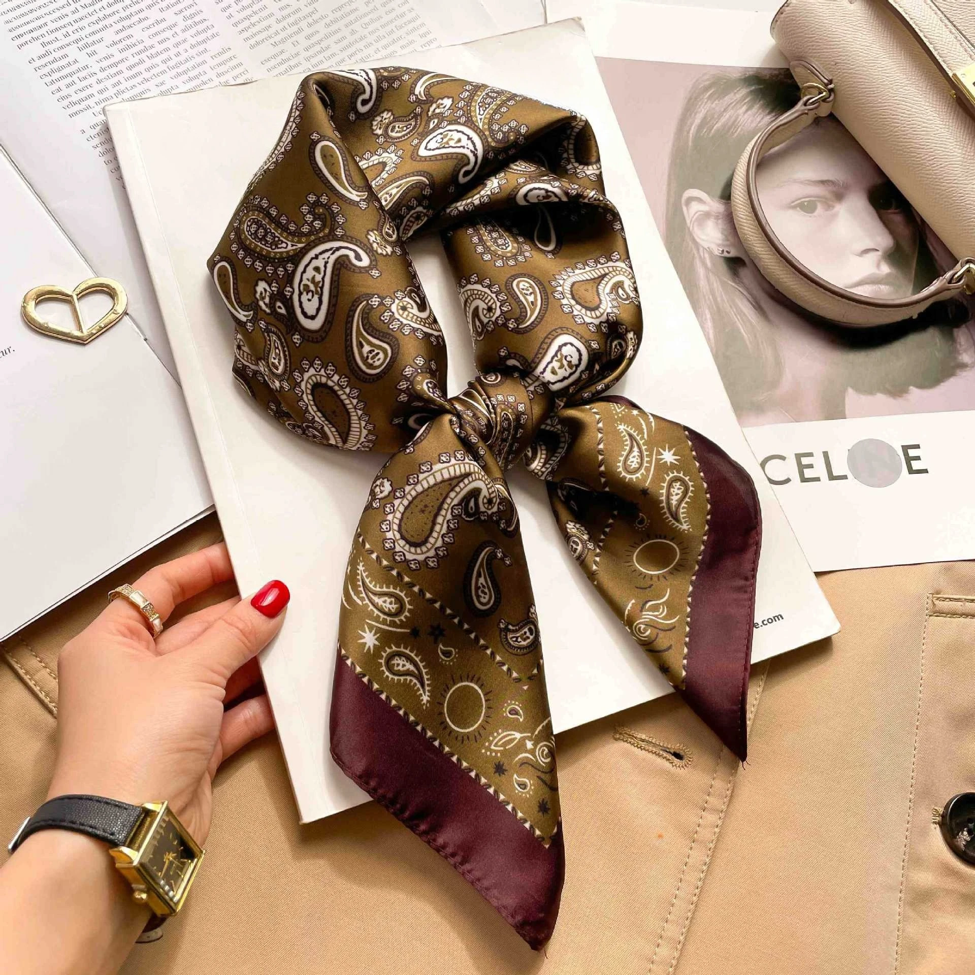 70cm Paisley-Cashew-Print Quadratischer Seidenschal für Damen, Hahnentritt-Muster in Kaffeefarbe, Dünner Halstuch im Vintage-Stil, Sonnenschutz-Kopftuch – Detail 7