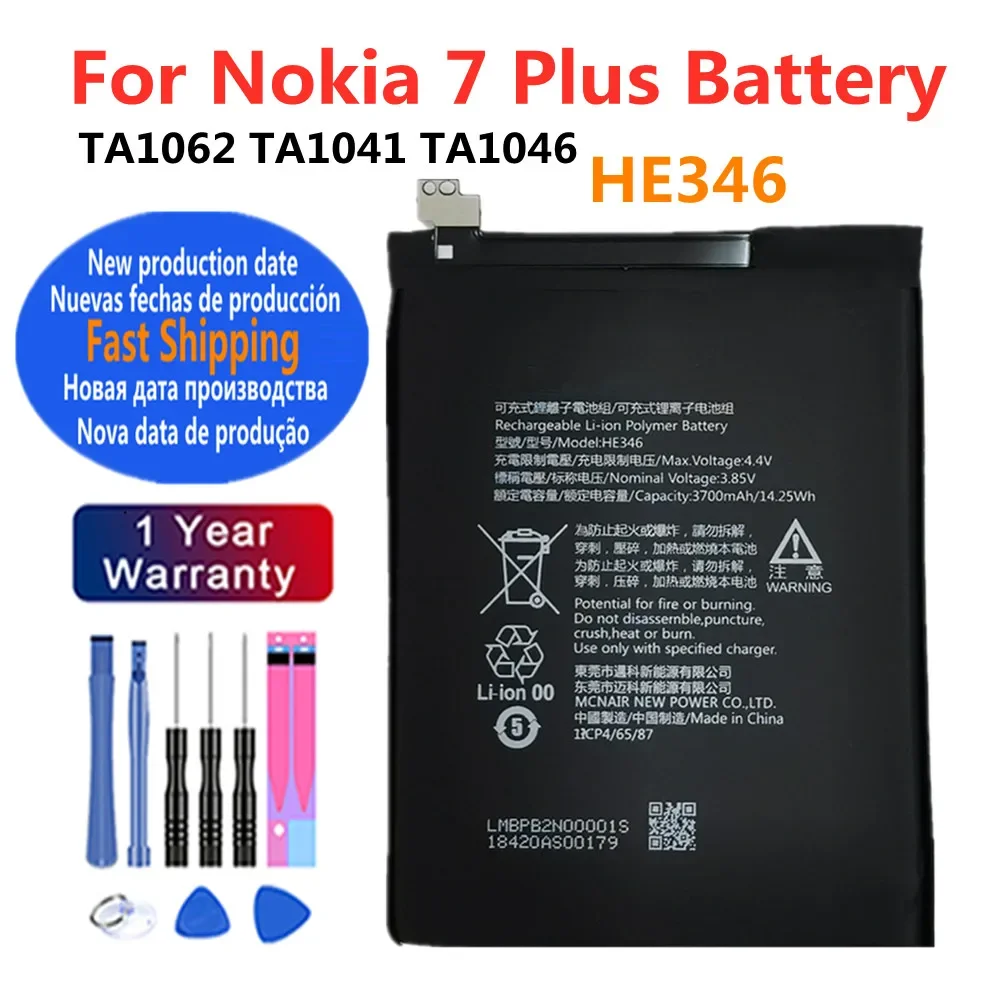 HE 346 3700mAh 100% Original Battery HE346 For Nokia 7 Plus 7Plus TA1062 TA1041 TA1046 Phone Batteries Bateria Fast Shipping