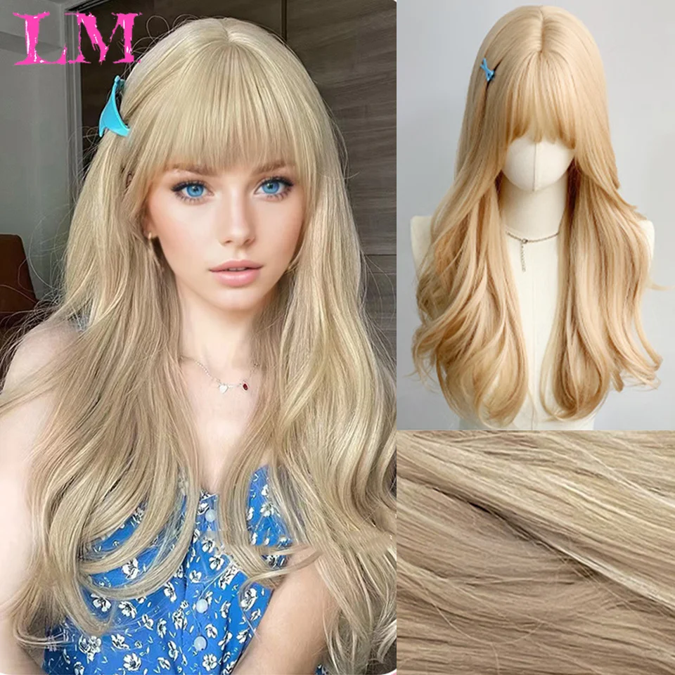 

LM Long Wavy Light Ash Blonde Synthetic Wigs with Bangs for Women Natural Wave Cosplay Party Daily Use Hair Wigs Heat Resistant